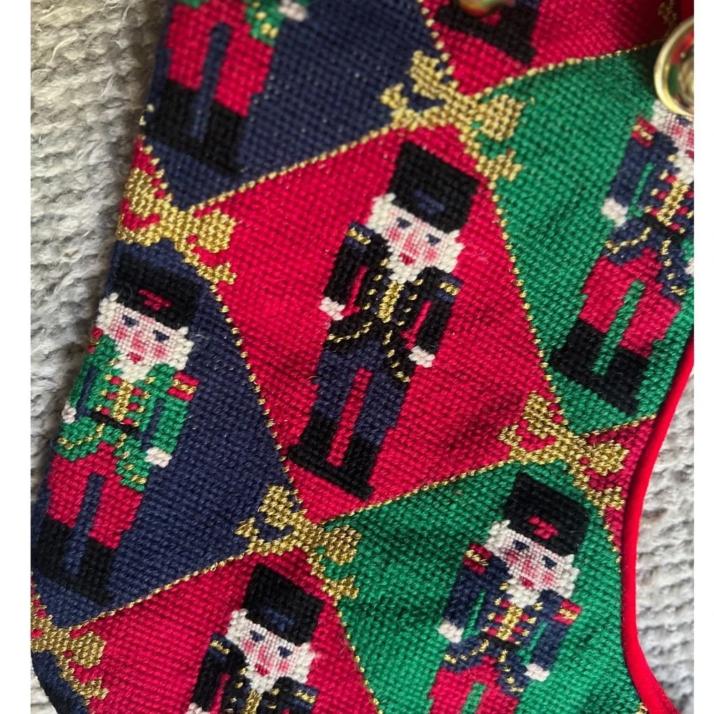 Vintage Needlepoint Christmas Stocking Nutcracker Harlequin Jingle Bells Red
